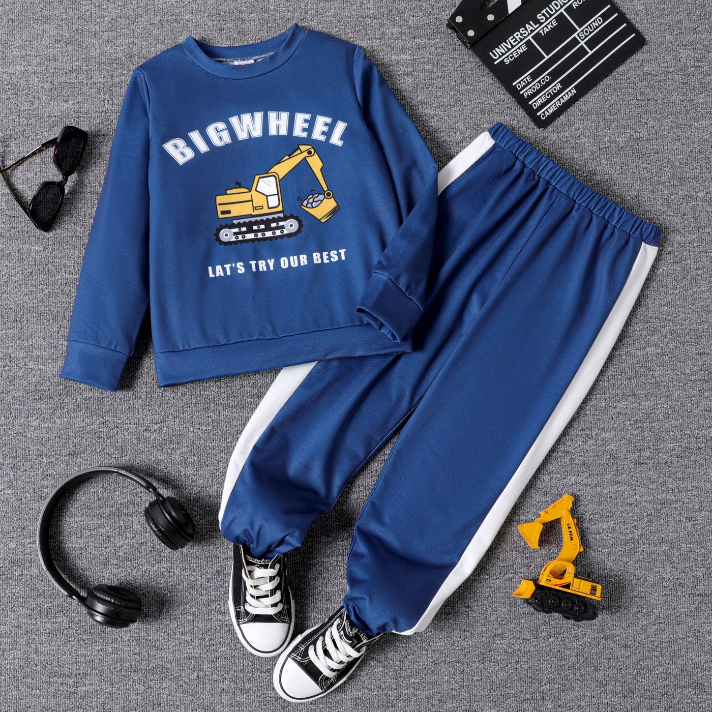 2pcs Kid Boy Vehicle Letter Print Sweatshirt And Colorblock Elasticized Pants Set
