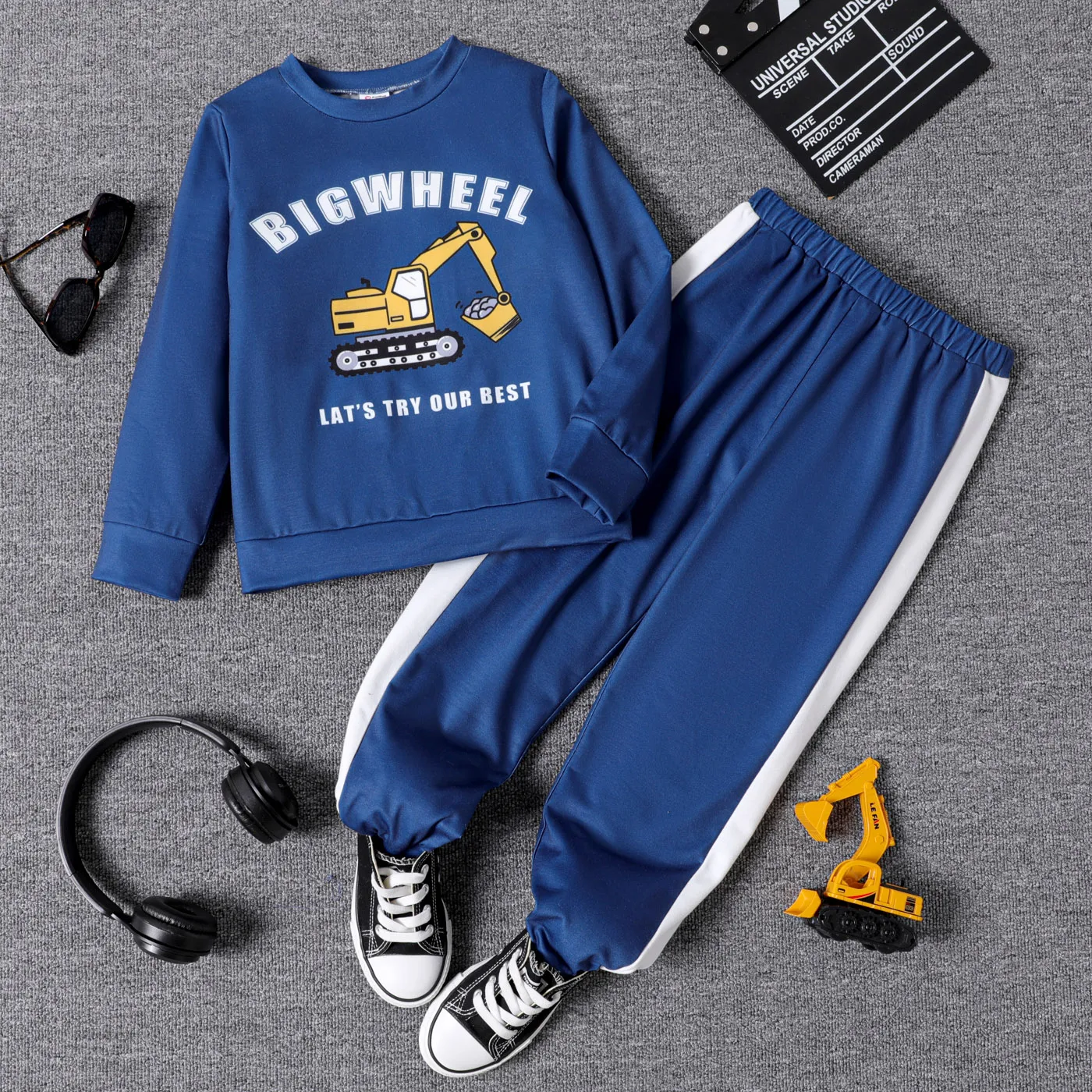 2pcs Kid Boy Vehicle Letter Print Sweatshirt and Colorblock Elasticized Pants Set Navy big image 1