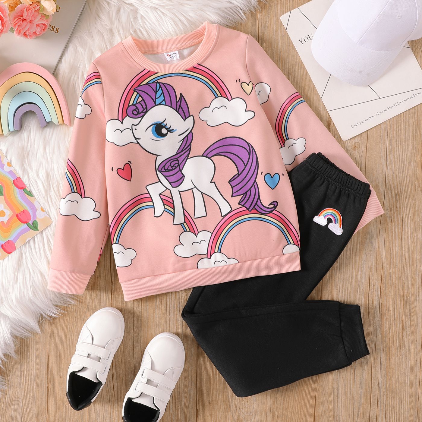 2pcs Kid Girl Unicorn Rainbow Print Fleece Lined Sweatshirt And Pants