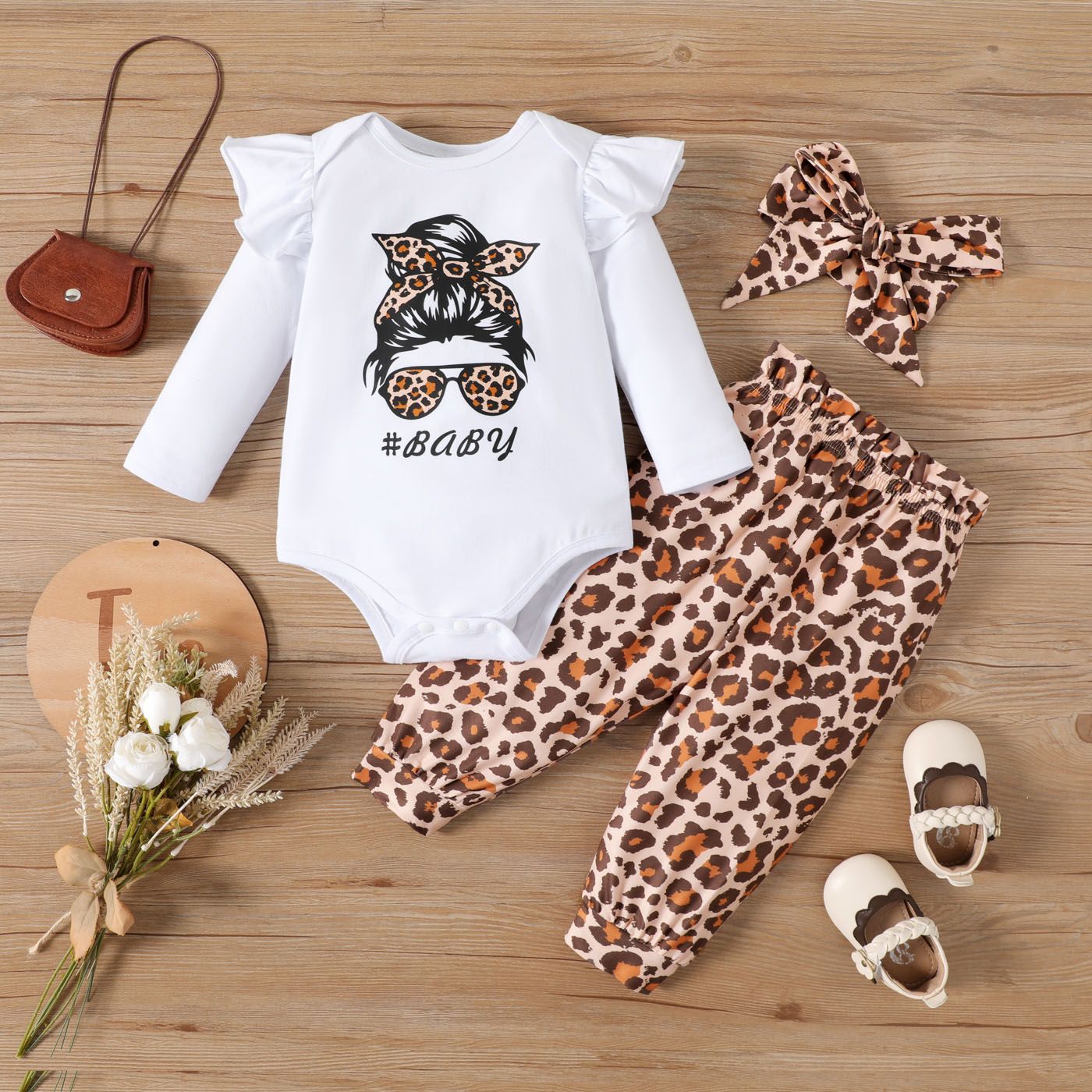 

3pcs Baby Girl 95% Cotton Ruffle Long-sleeve Figure & Letter Print Romper and Leopard Pants with Headband Set