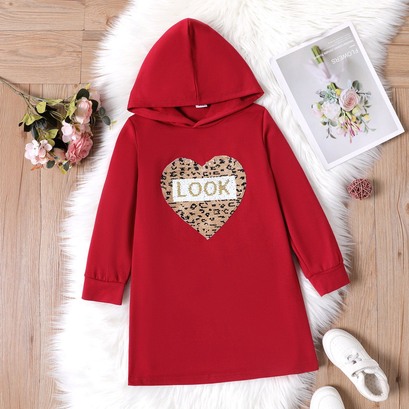 

Kid Girl Heart Leopard Sequined Hooded Sweatshirt Dress
