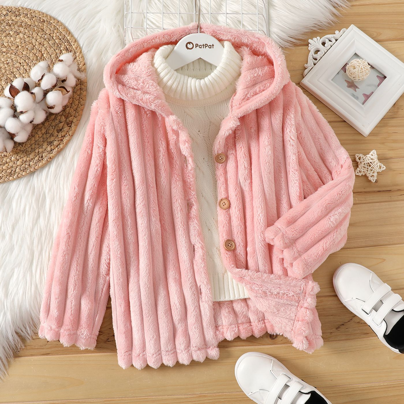 

Kid Boy/Kid Girl Solid Color Fleece Hooded Coat