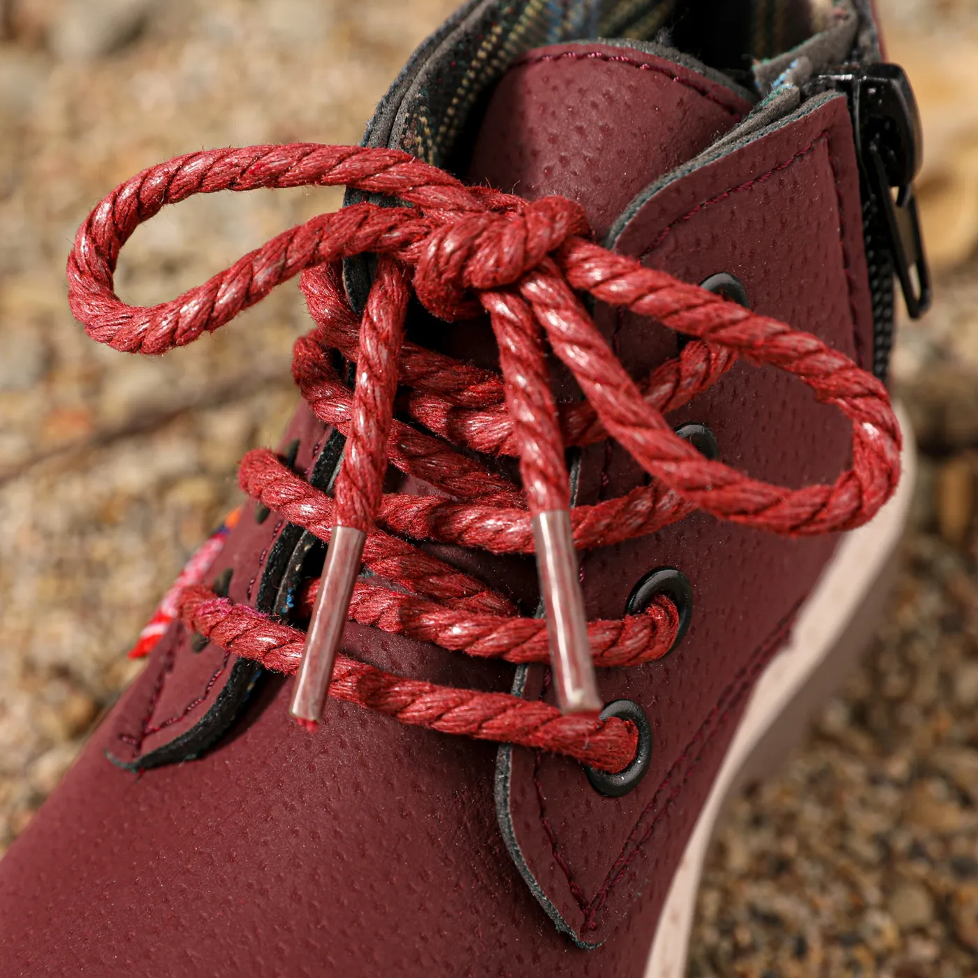 Toddler / Kid Burgundy Color Perforated Lace-up Side Zipper Boots  image 3