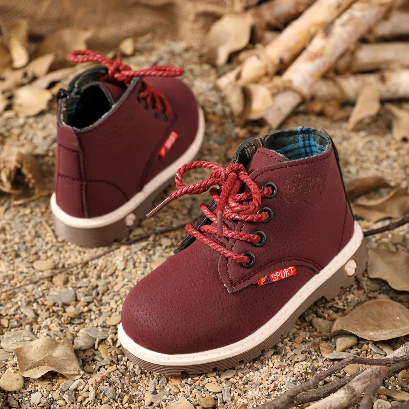 Toddler / Kid Burgundy Color Perforated Lace-up Side Zipper Boots  image 2