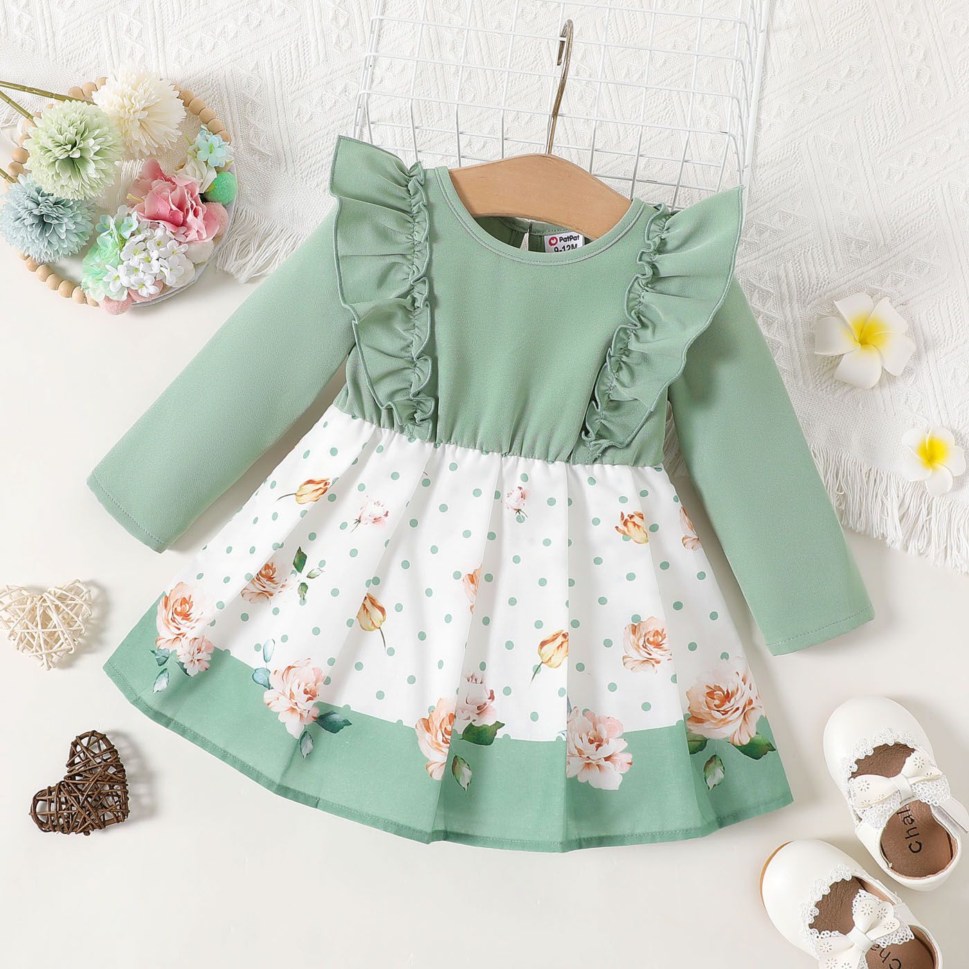 

Baby Girl Green Ruffle Trim Long-sleeve Spliced Dots & Floral Print Dress