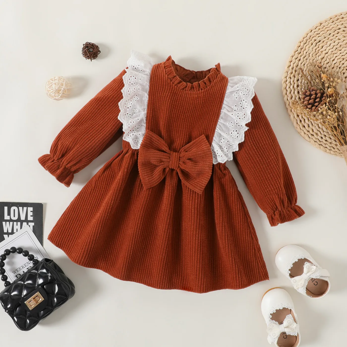 

Baby Girl Caramel Corduroy Frill Neck Long-sleeve Bow Front Dress