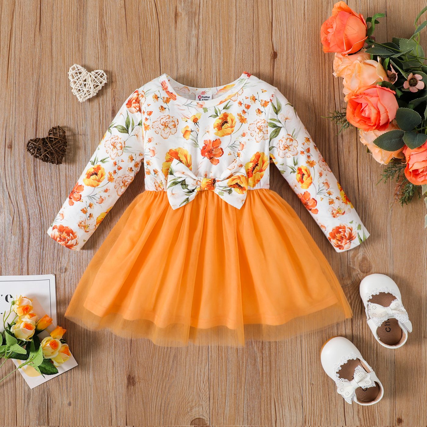 

Baby Girl Floral Print Long-sleeve Bow Front Mesh Dress