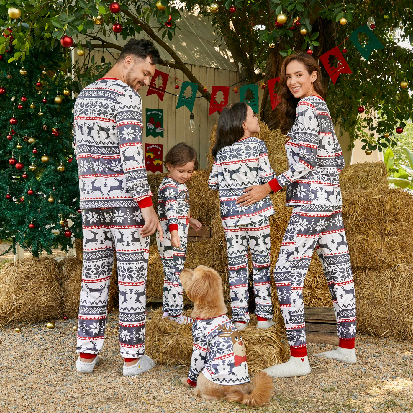 Christmas Family Matching Reindeer Graphic Allover Print Grey Long-sleeve Pajamas Sets (Flame Resistant) Grey image 6