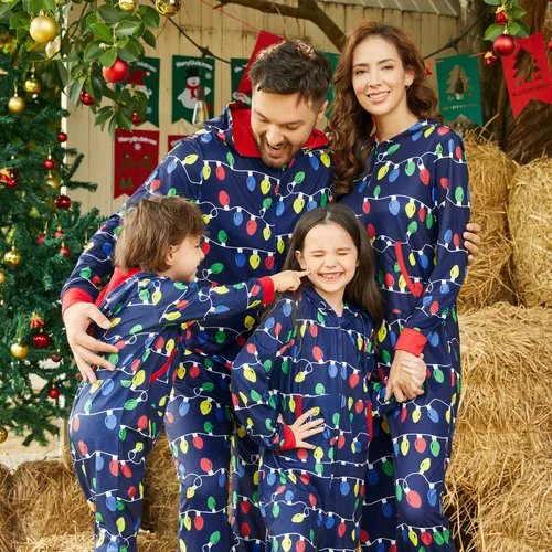 Christmas Family Matching Allover Colorful String Lights Print Zipper Long-sleeve Hooded Onesies Pajamas (Flame Resistant)