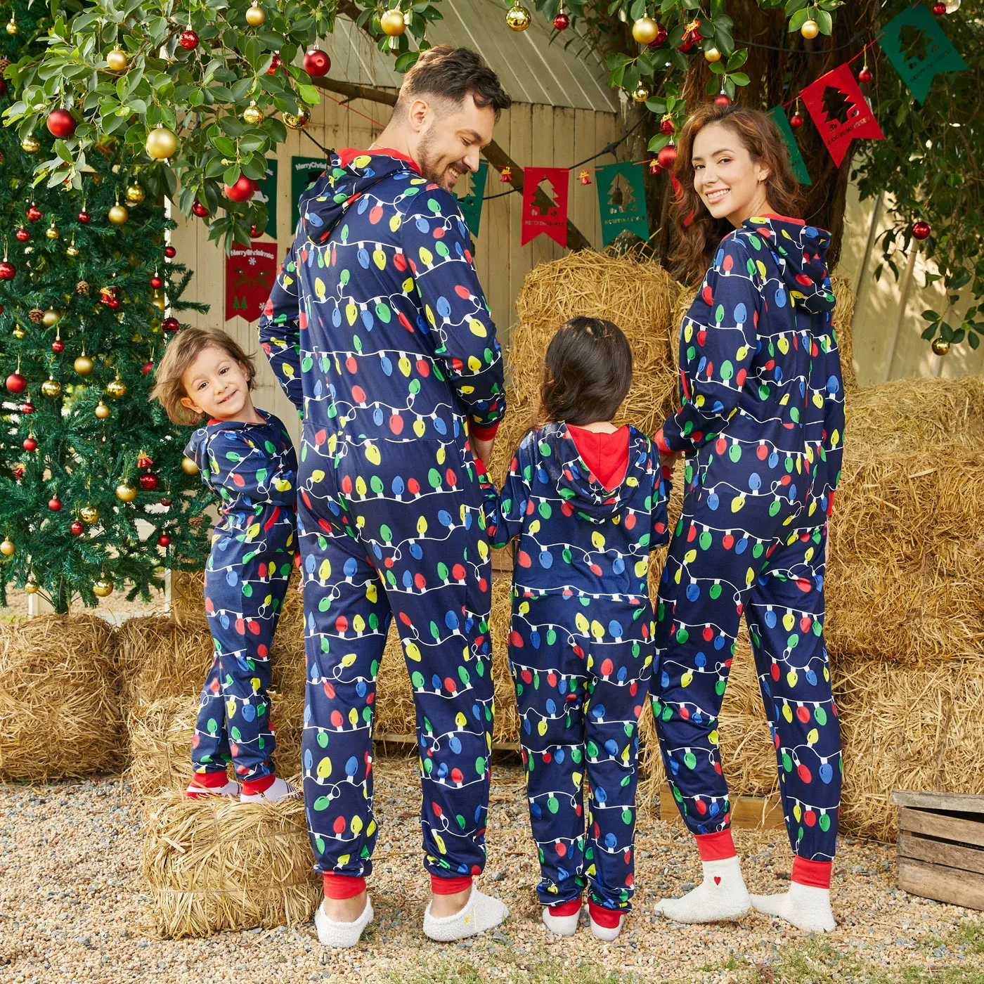 Christmas Family Matching Allover Colorful String Lights Print Zipper Long-sleeve Hooded Onesies Pajamas (Flame Resistant)  image 4