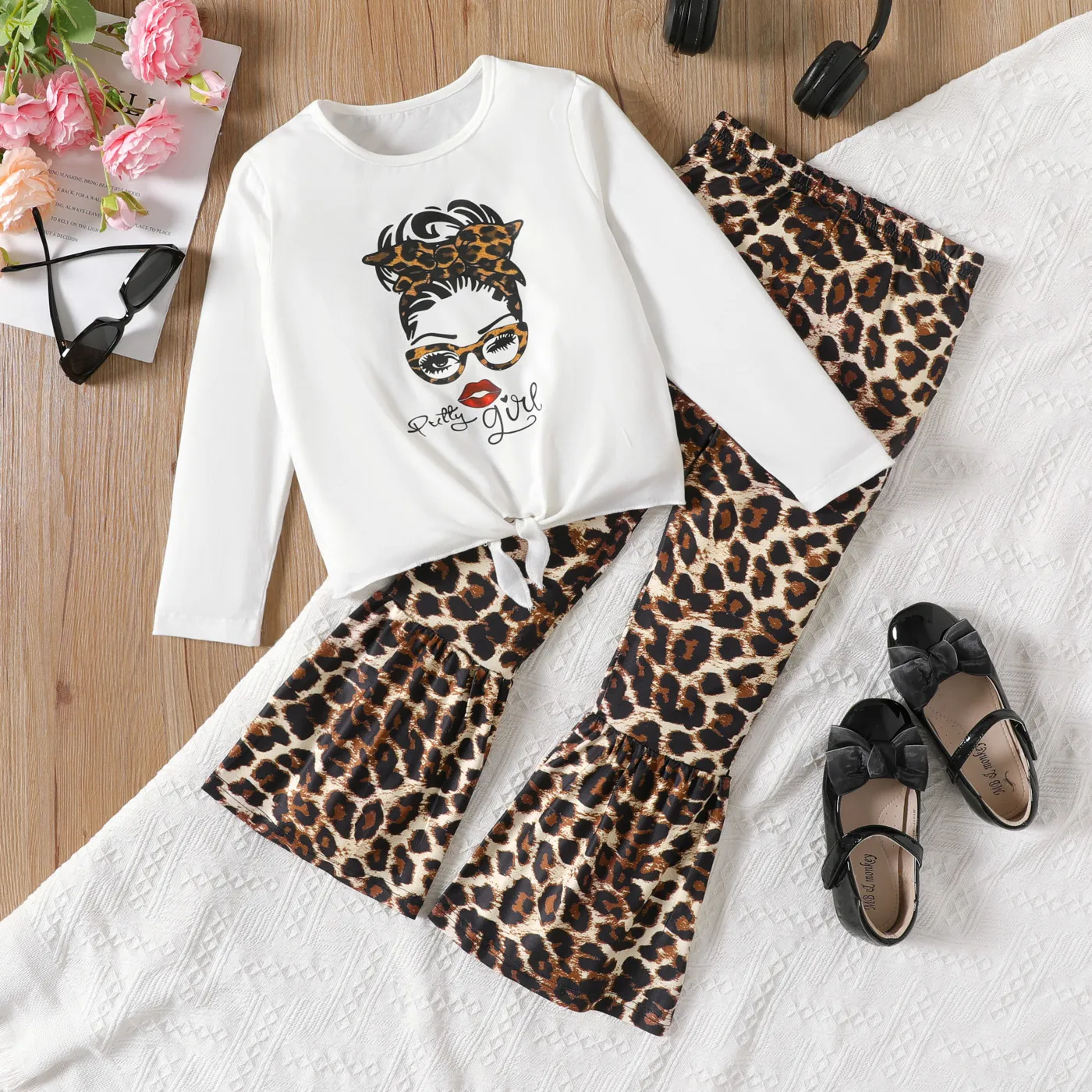2pcs Kid Girl Figure Print Tie Knot Tee and Leopard Print Flared Pants Set  big image 1