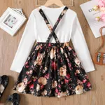 2pcs Kid Girl Ribbed Long-sleeve Tee and Floral Print Suspender Skirt Set  image 2