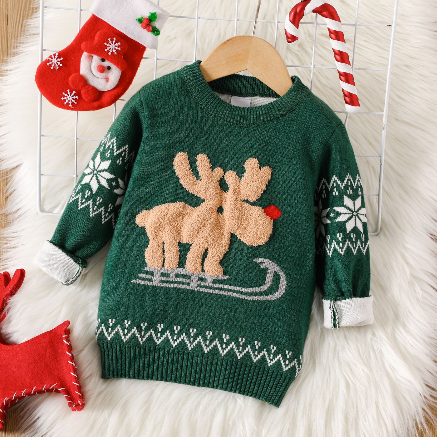 

Toddler Boy Christmas Deer Pattern Green Sweater