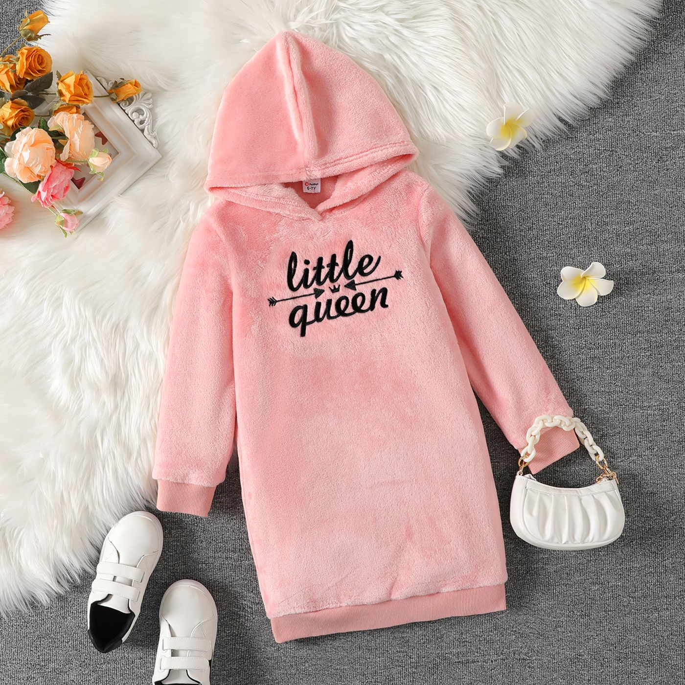 

Kid Girl Letter Embroidered Fleece Pink Hooded Sweatshirt Dress