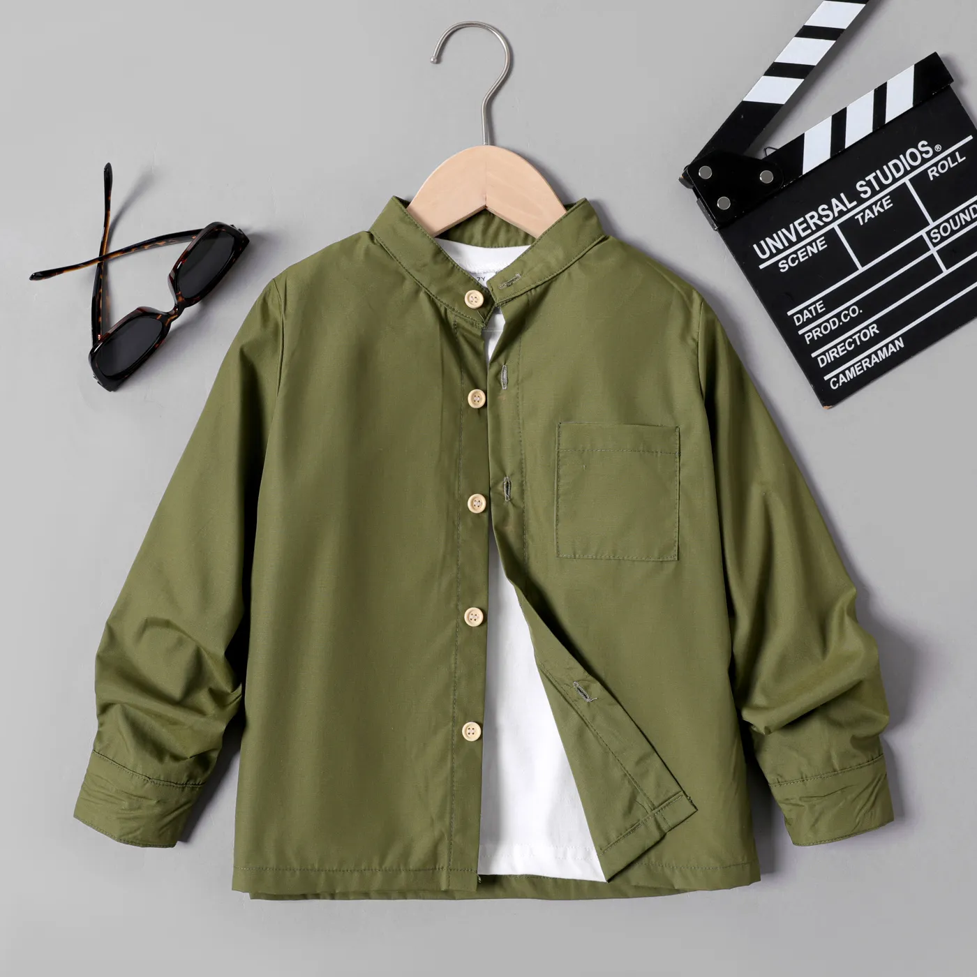 Kid Boy Button Design Long-sleeve Green Shirt