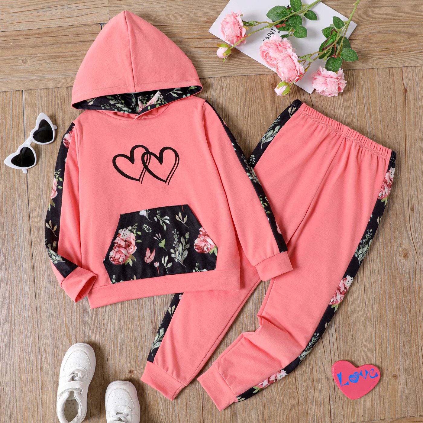 

2pcs Kid Girl Floral Print Colorblock Hoodie Sweatshirt and Elasticized Pants Set