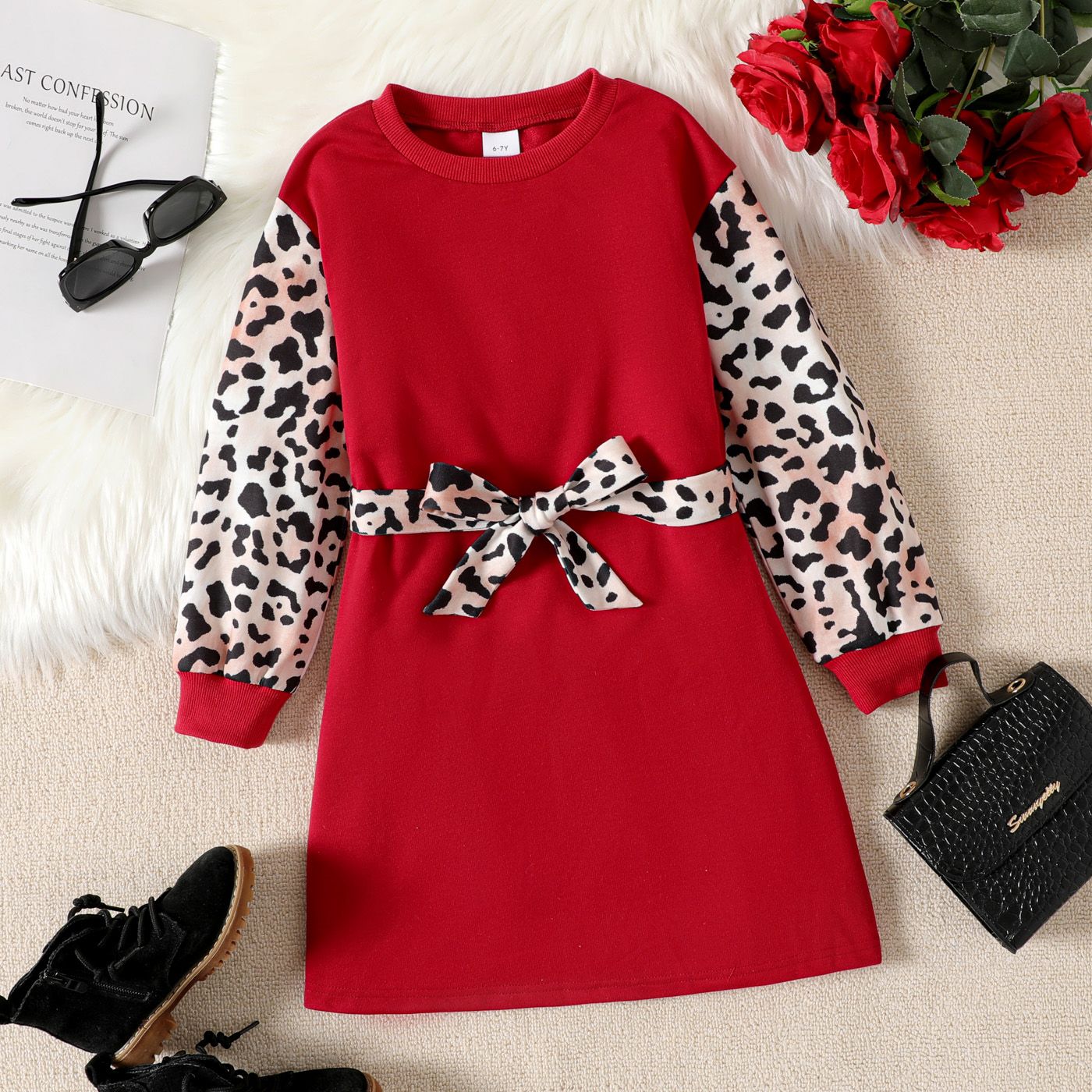 Kid Girl Letter Print Colorblock Belted Sweatshirt Dress