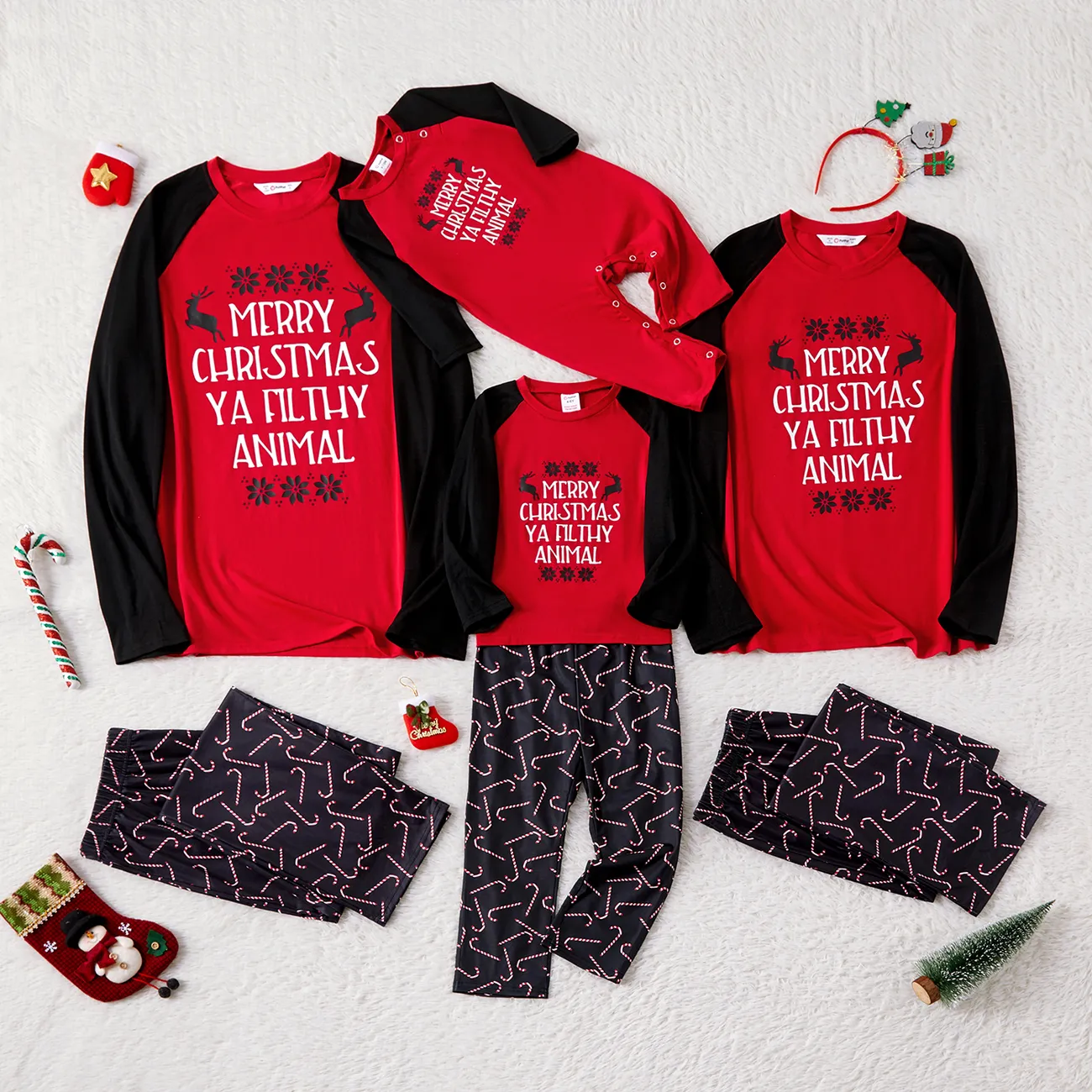Noël Look Familial Manches longues Tenues de famille assorties Pyjamas (Flame Resistant) Rouge big image 1