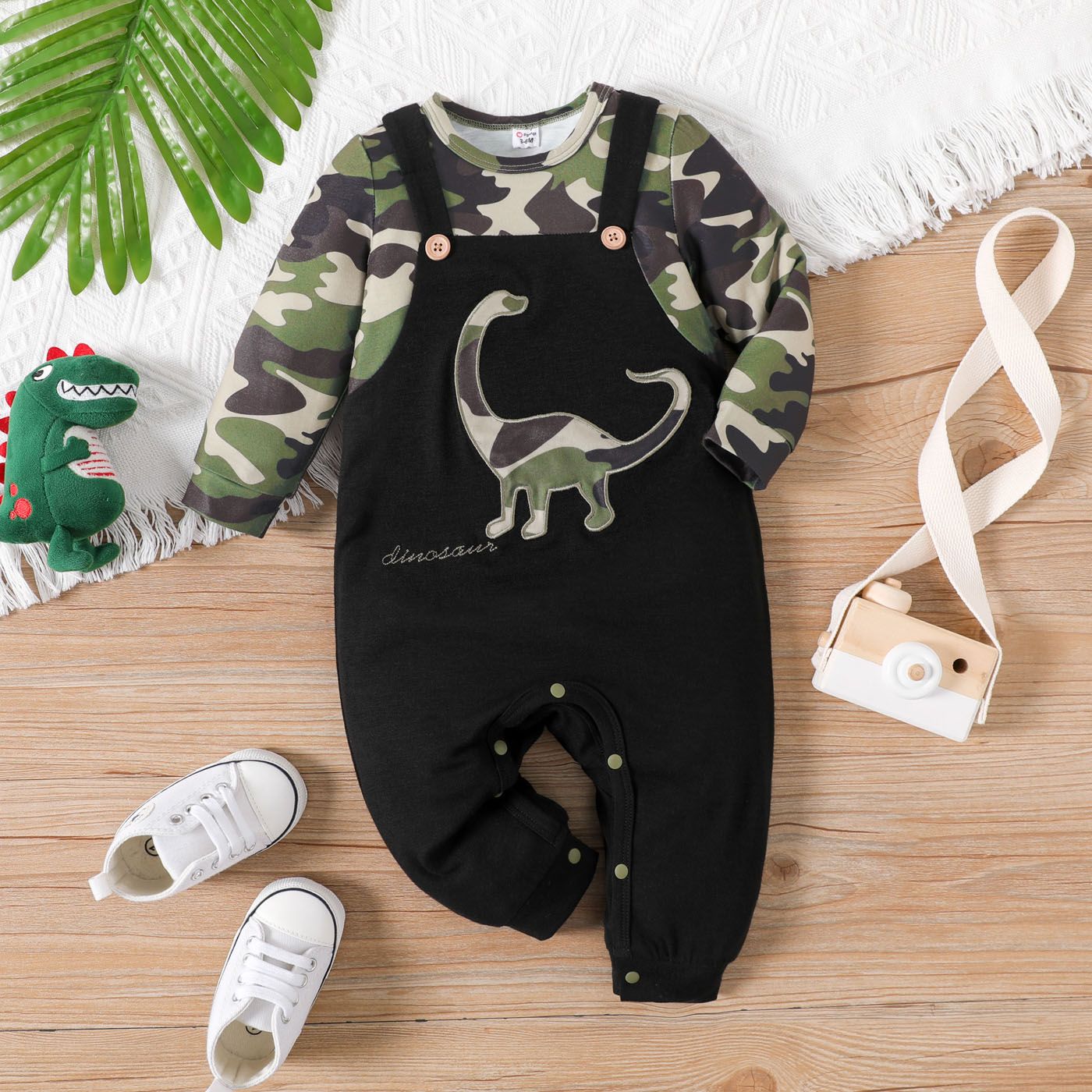 

Baby Boy Dinosaur Embroidered Camouflage Long-sleeve Faux-two Jumpsuit
