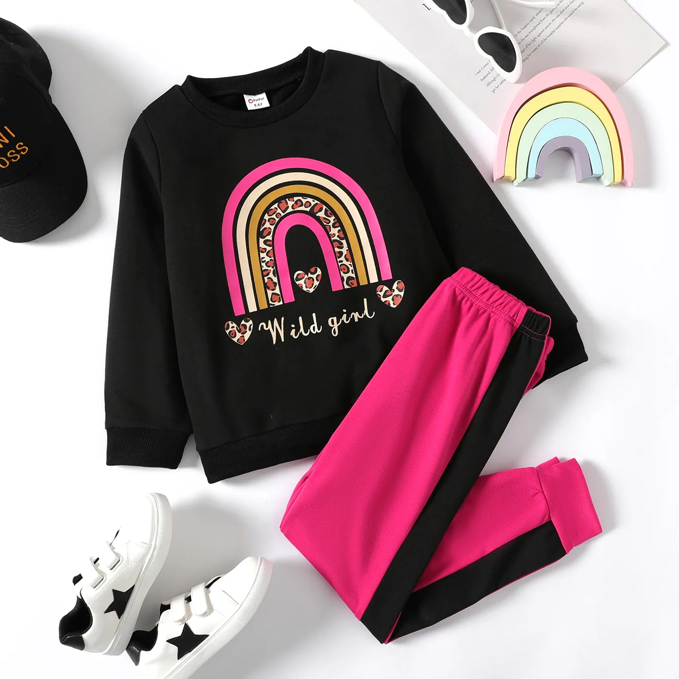 

2pcs Kid Girl Letter Rainbow Print Black Sweatshirt and Colorblock Pants Set
