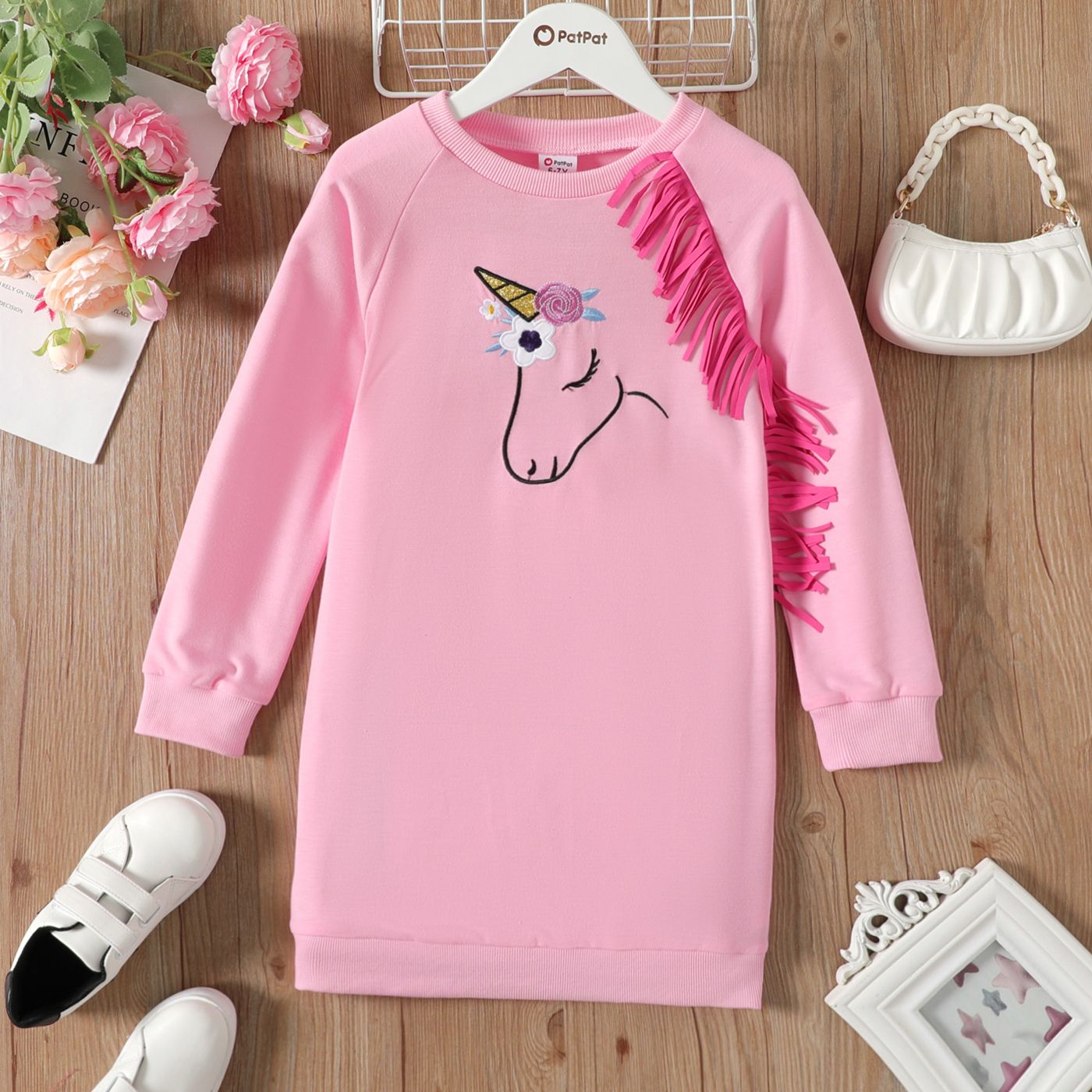 

Kid Girl Unicorn Embroidered Tassel Design Raglan Sleeve Pink Sweatshirt Dress