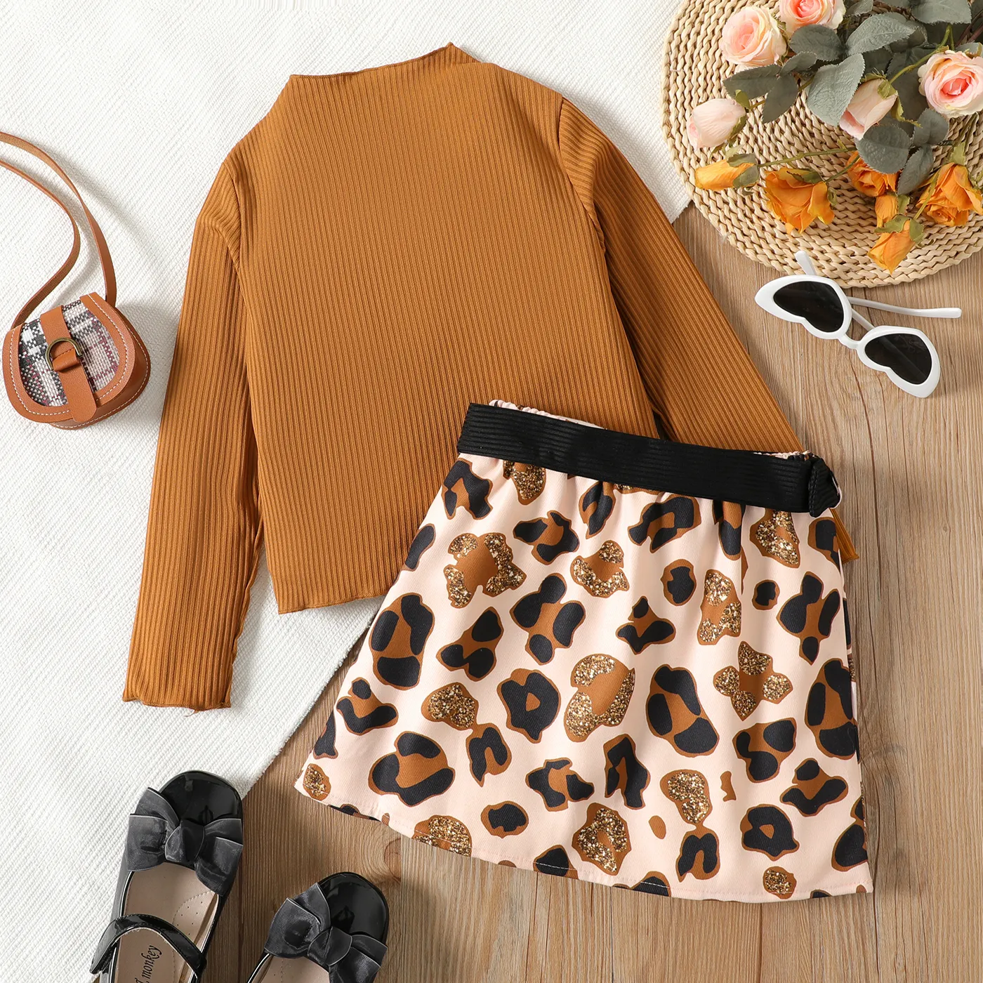 2pcs Kid Girl Ribbed Mock Neck Tee and Waist Design Leopard Print Skirt Set Brown image 2