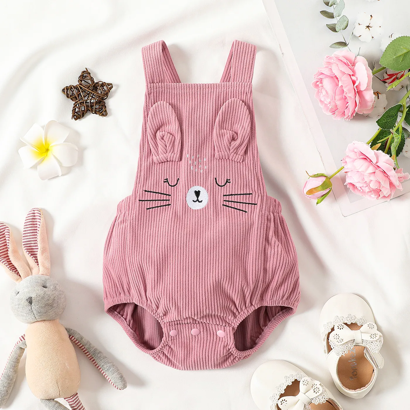 

Baby Girl Animal Embroidered 3D Ears Detail Pink Corduroy Sleeveless Romper