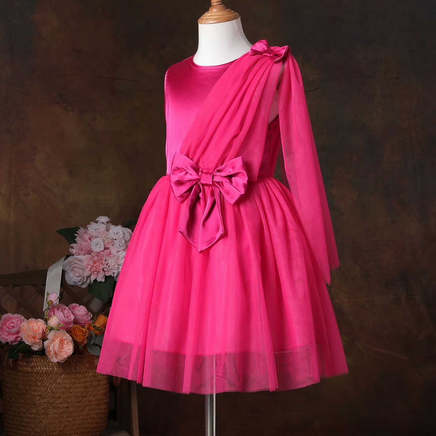 

Kid Girl Bowknot Design Sleeveless Mesh Splice Evening Party Dress