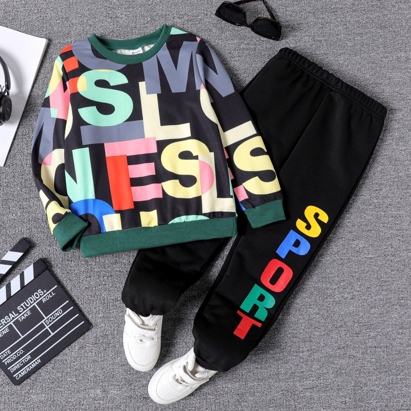 2-piece Kid Boy Letter Print Gradient Pullover Sweatshirt and Elasticized Pants Casual Set