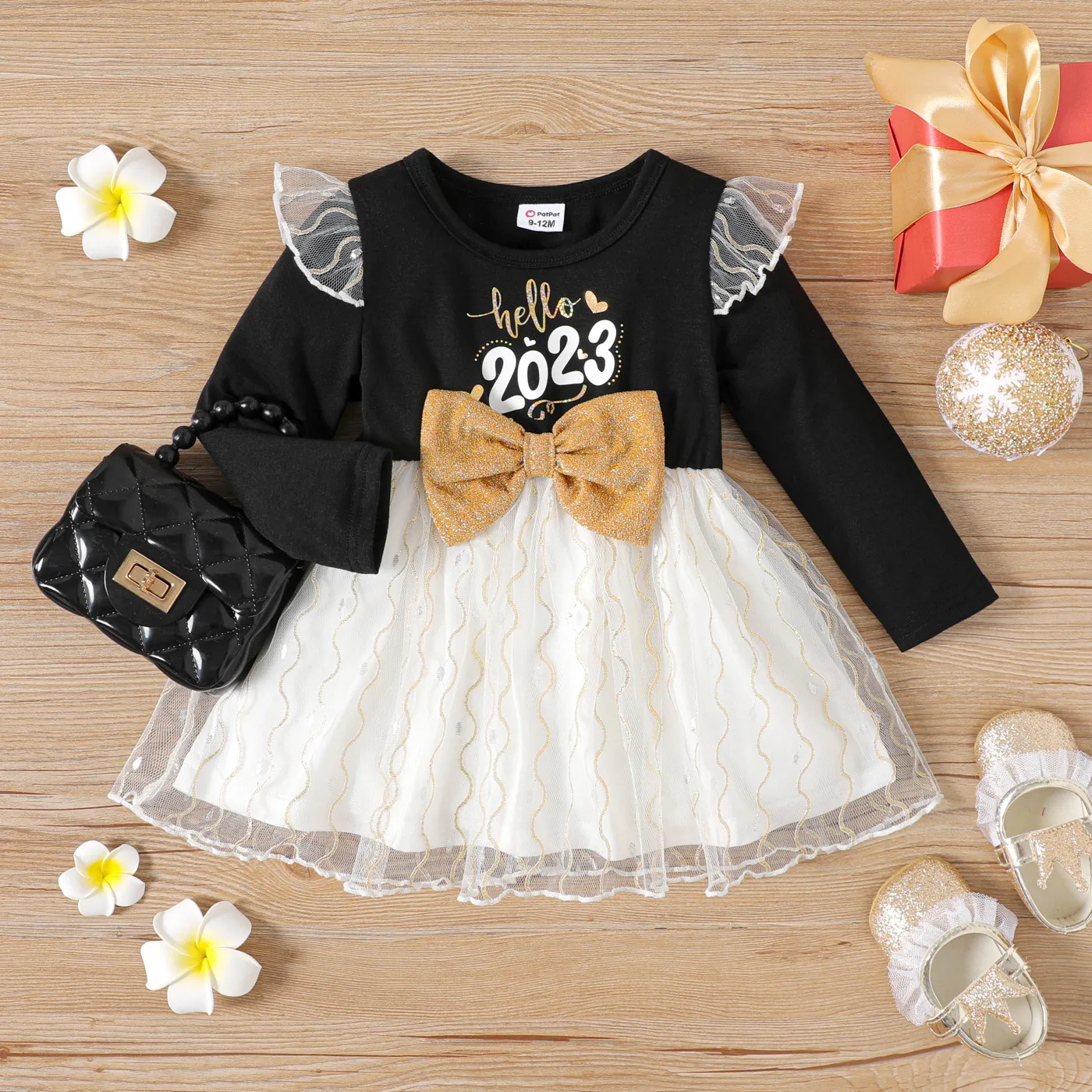 

New Year Baby Girl Number & Letter Print Ruffle Long-sleeve Spliced Bow Front Glitter Mesh Dress