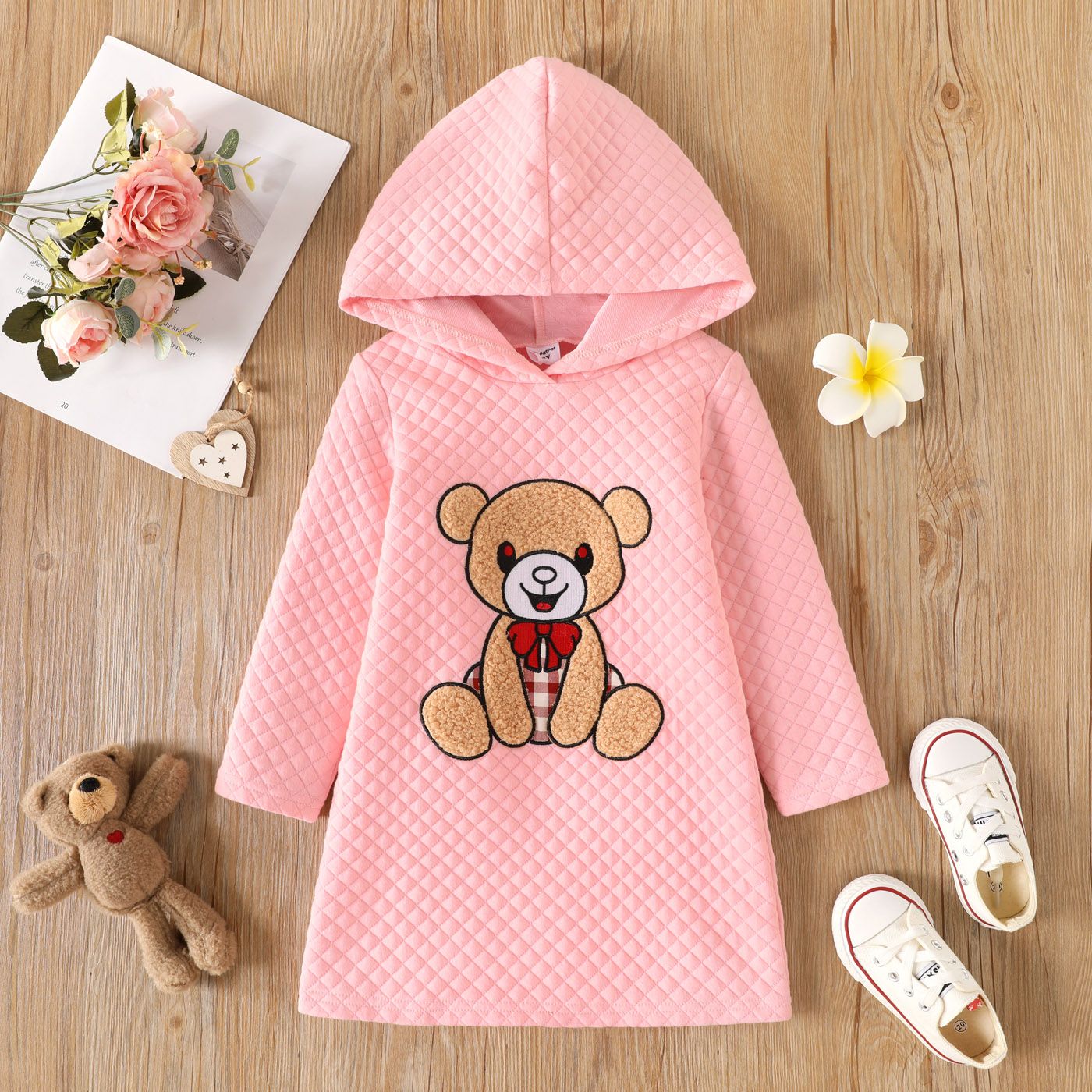 

Toddler Girl Bear Embroidered Textured Hooded Sweatshirt Dress
