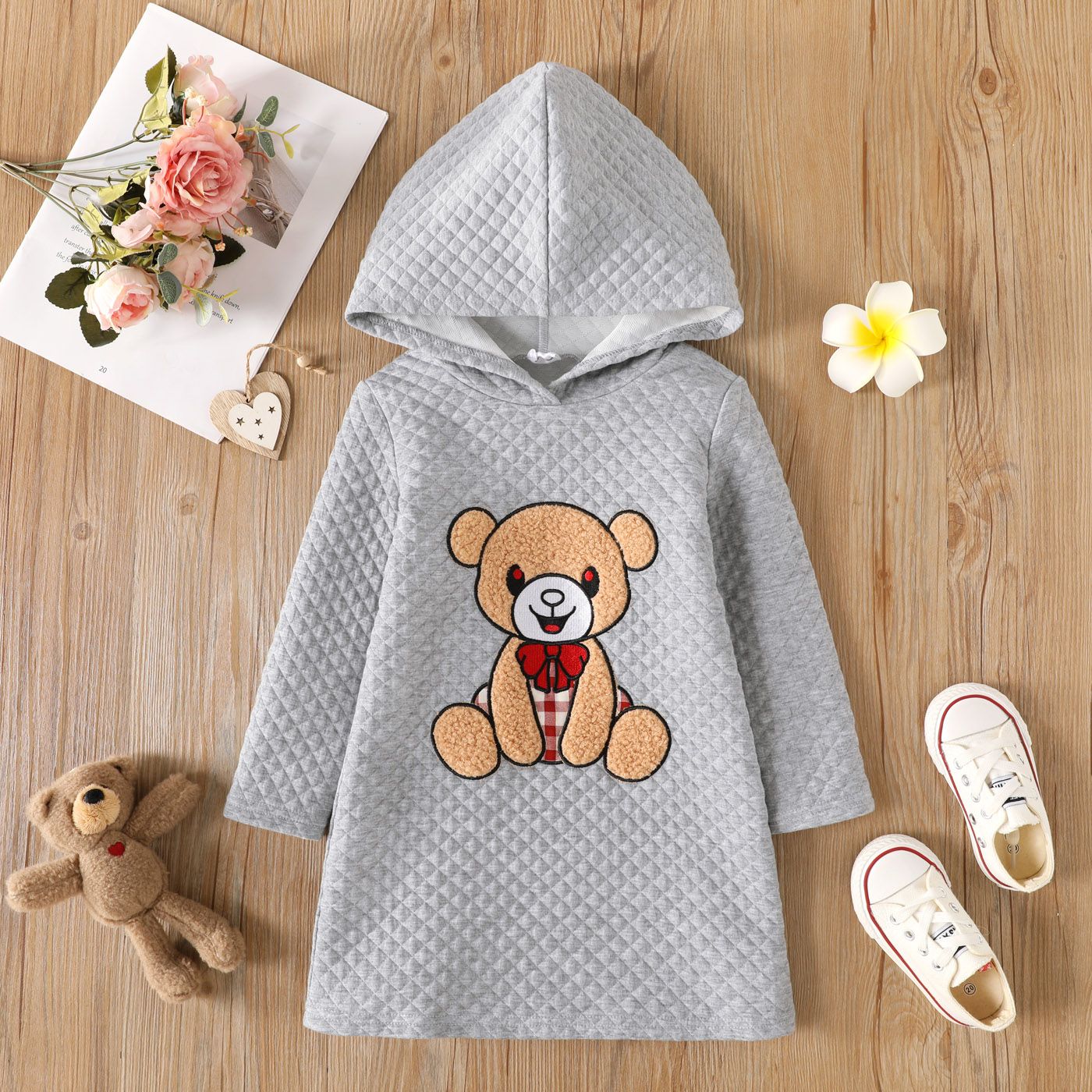 

Toddler Girl Bear Embroidered Textured Hooded Sweatshirt Dress