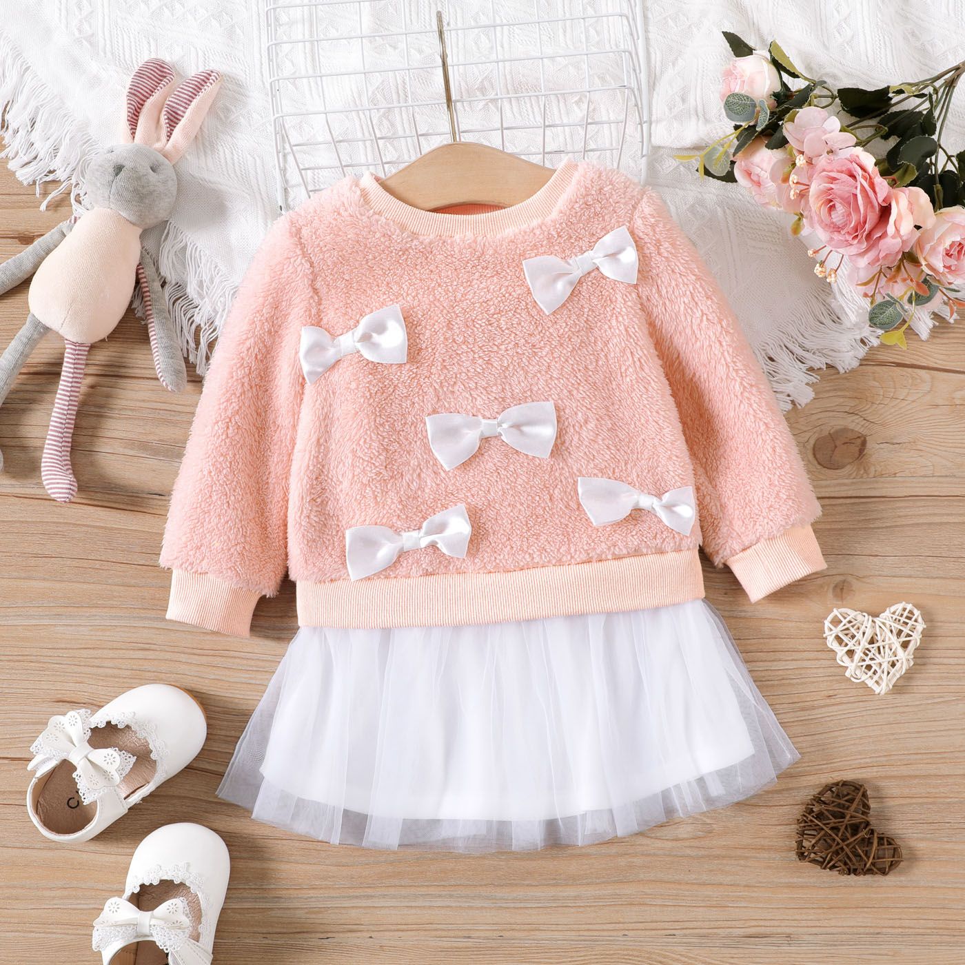 

Baby Girl Bow Front Pink Fuzzy Long-sleeve Faux-two Mesh Dress