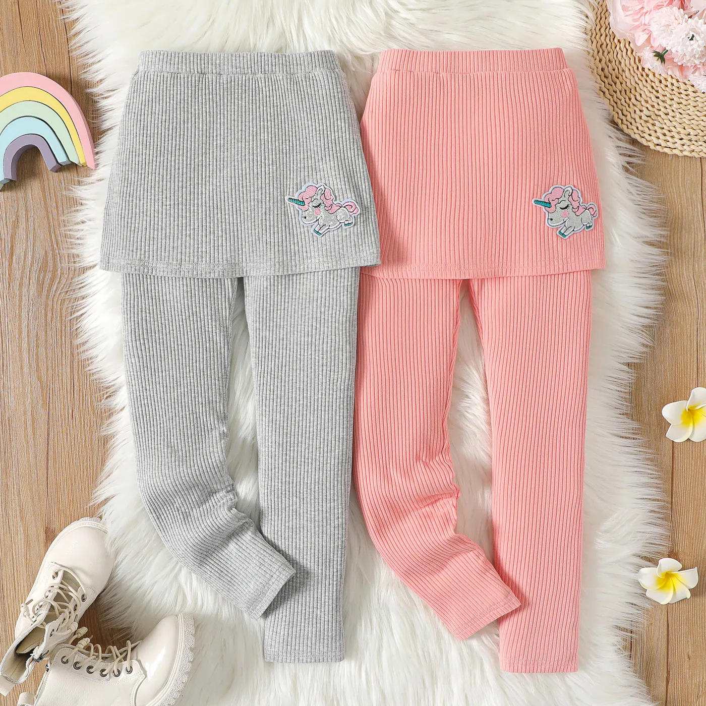 Legging de saia de algodão com nervuras bordada de unicórnio infantil menina  image 2