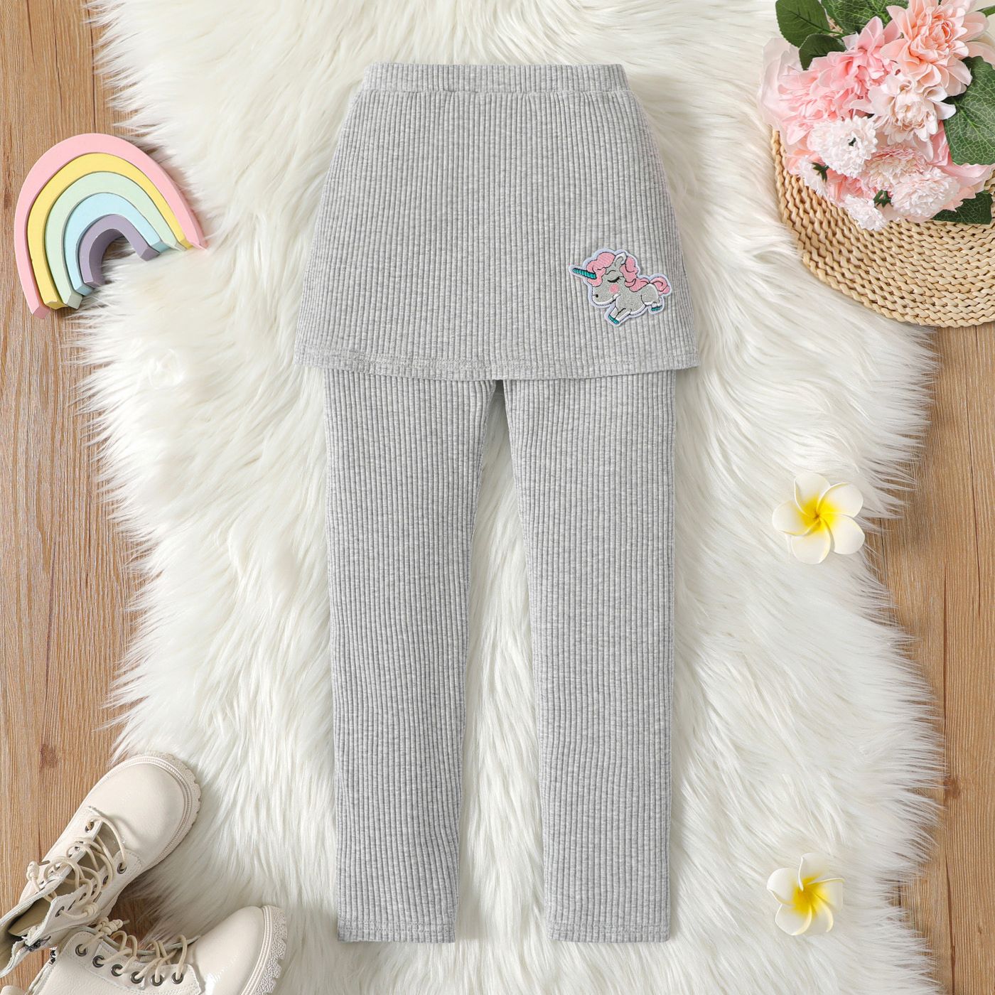 Kid Girl Unicorn Embroidered Ribbed Cotton Skirt Leggings