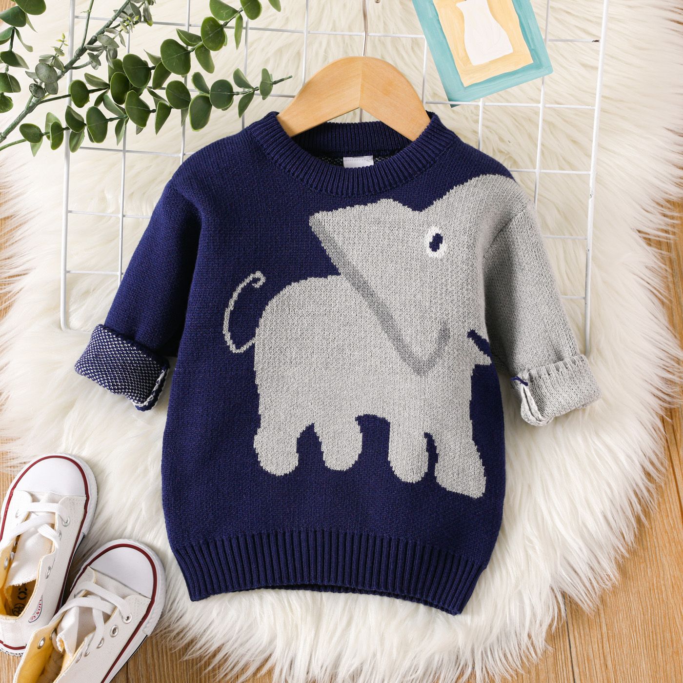 

Toddler Boy Plauful Elephant Pattern Colorblock Knit Sweater