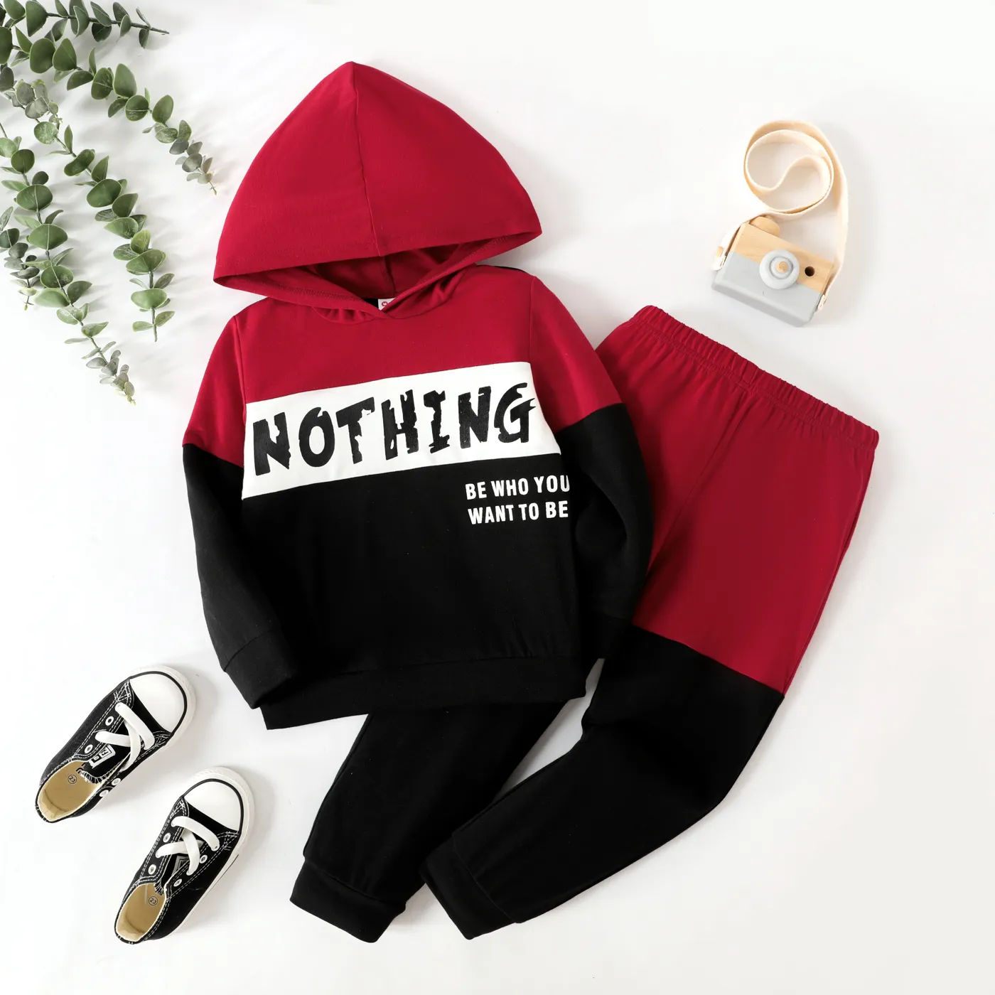 2pcs Toddler Boy Letter Print Colorblock Hoodie Sweatshirt and Elasticized Pants Set  big image 1