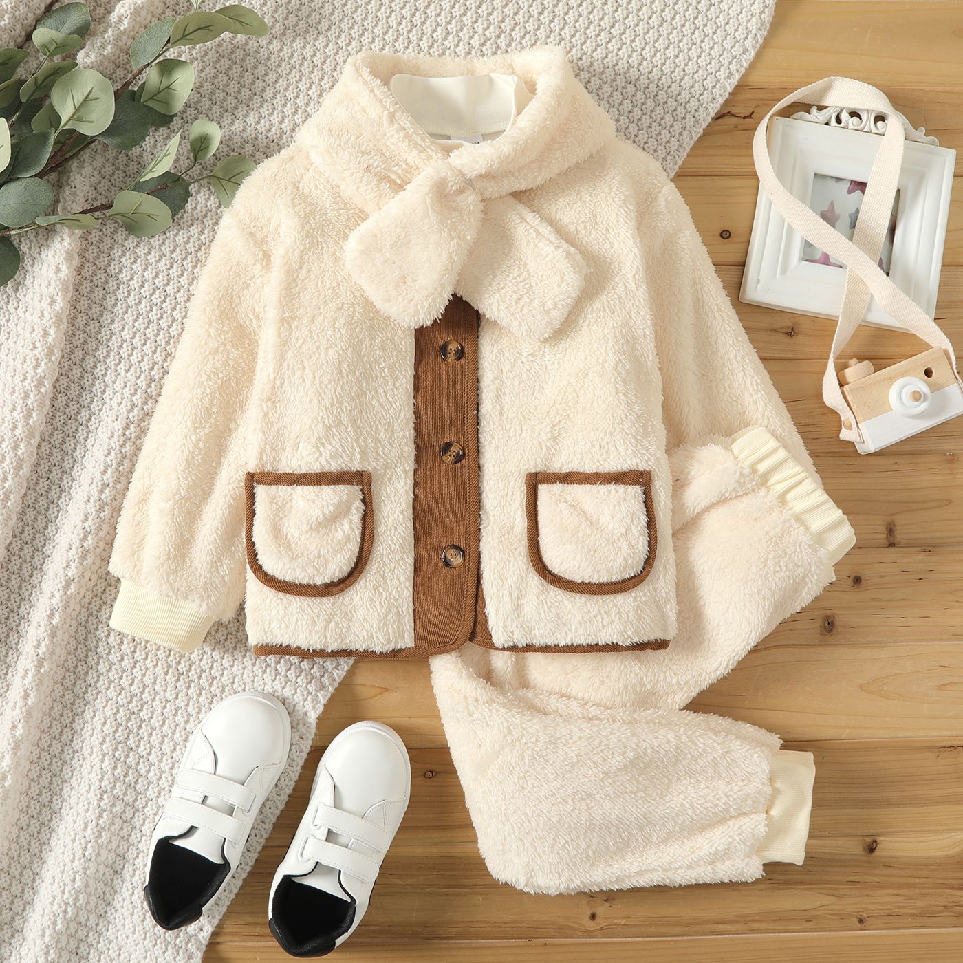 

3pcs Kid Girl Button Design Flannel Fleecce Jacket & Pants and Scarf Set
