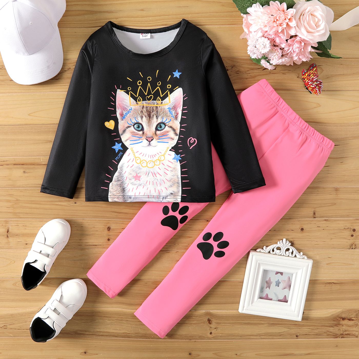 

2pcs Kid Girl Cat Print Long-sleeve Tee and Paw Print Leggings Set