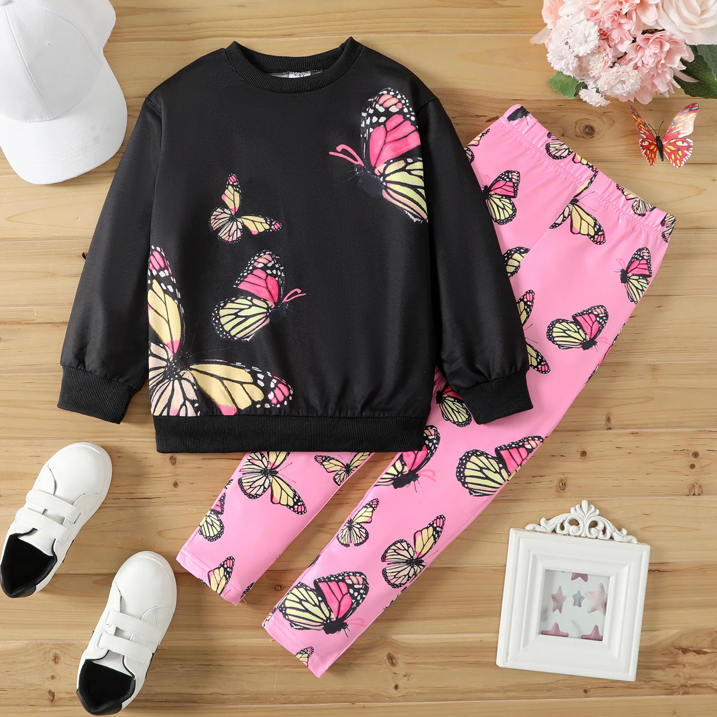 

2pcs Kid Girl Butterfly Print Black Sweatshirt and Pink Leggings Set