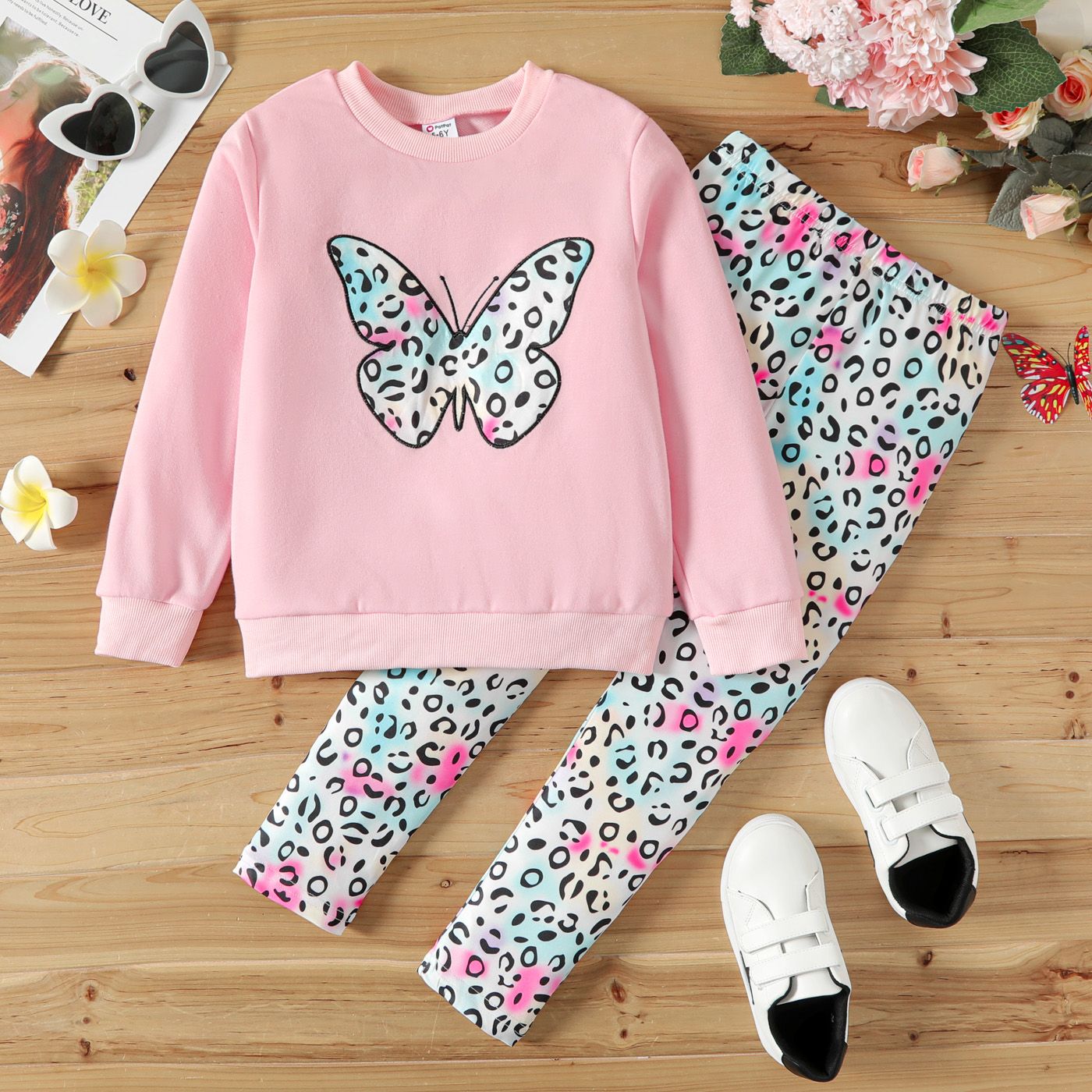 2pcs Kid Girl Butterfly Embroidered Sweatshirt And Leopard Print Skirt Set