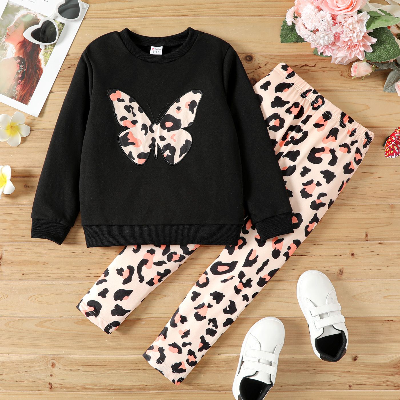 2pcs Kid Girl Butterfly Embroidered Sweatshirt and Leopard Print Skirt Set