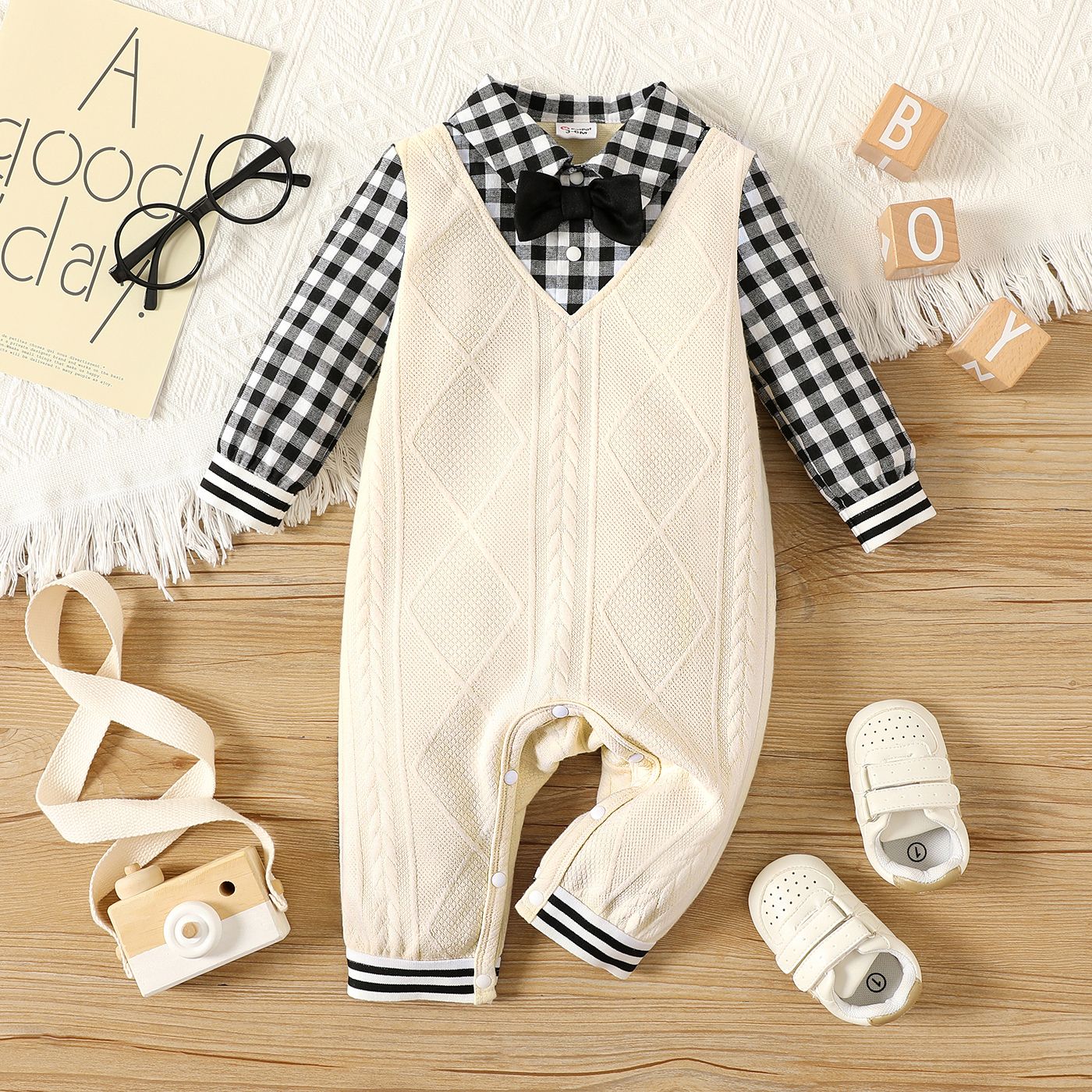 

Baby Boy Bow Tie Decor Plaid Long-sleeve Faux-two Textured Jumpsuit