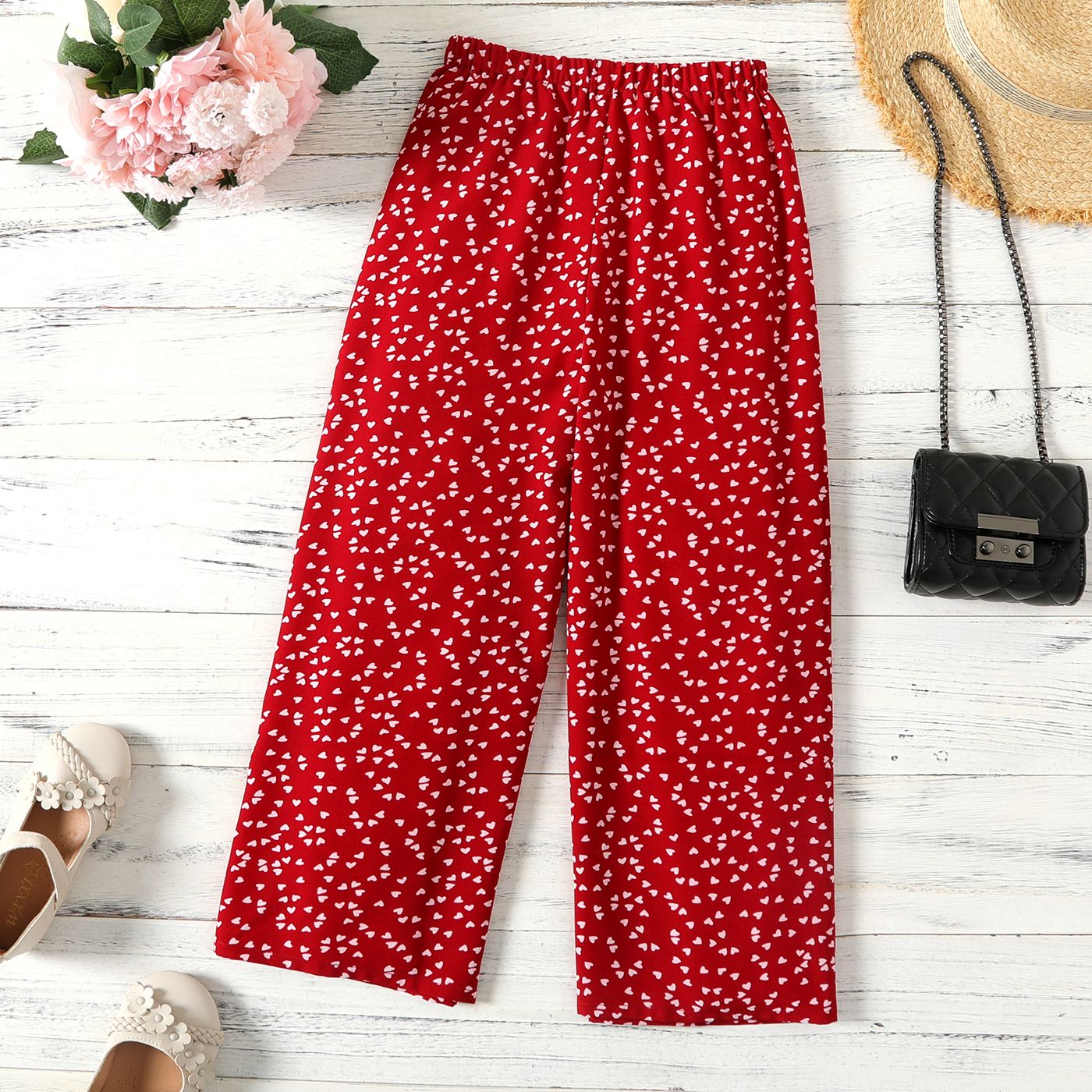 Kid Girl Allover Heart Print Elasticized Wide Leg Pants