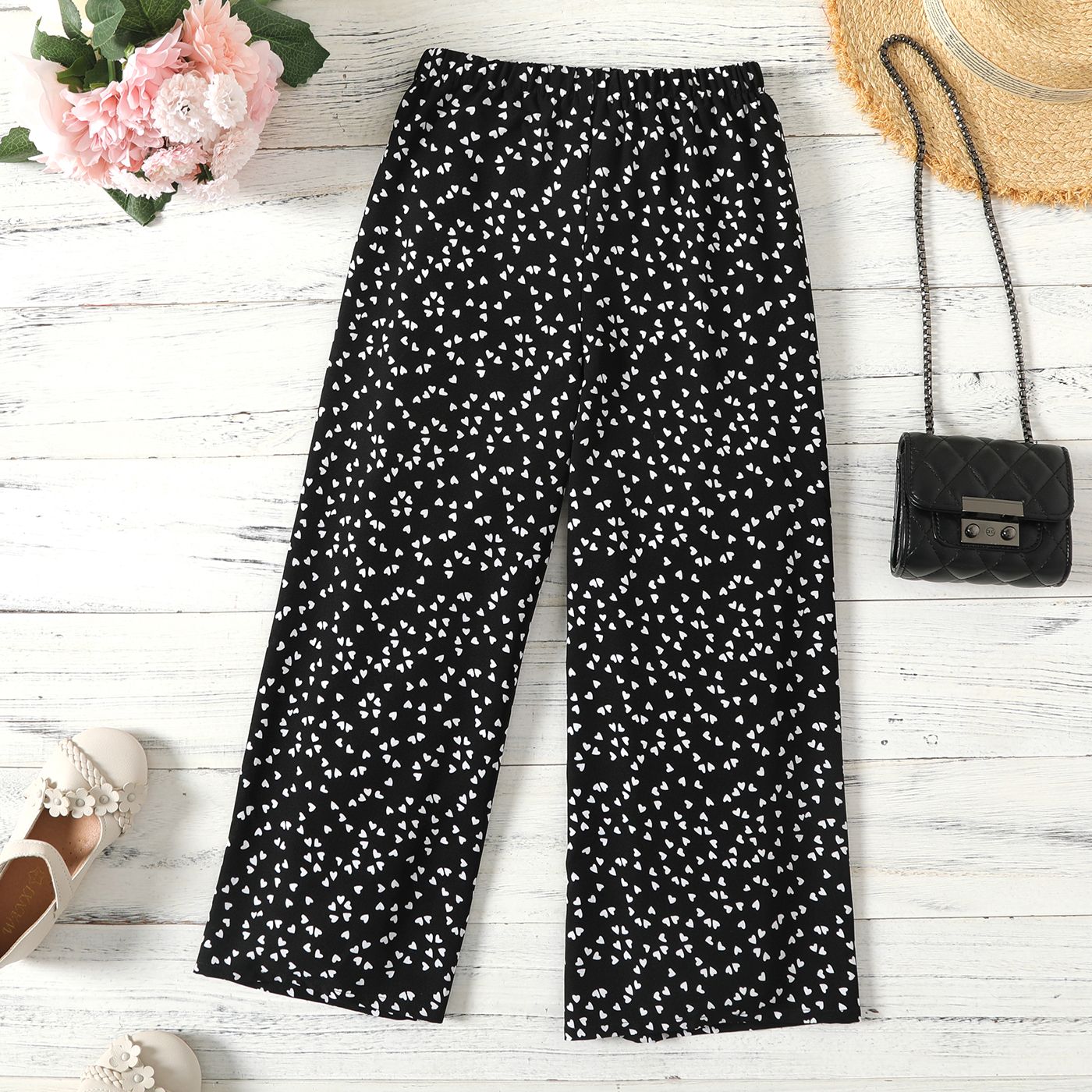 Kid Girl Allover Heart Print Elasticized Wide Leg Pants