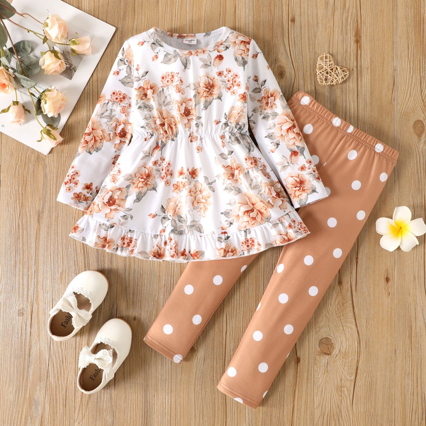 2pcs Toddler Girl Floral Print Ruffle Hem Long-sleeve Tee and Polka dots Leggings Set