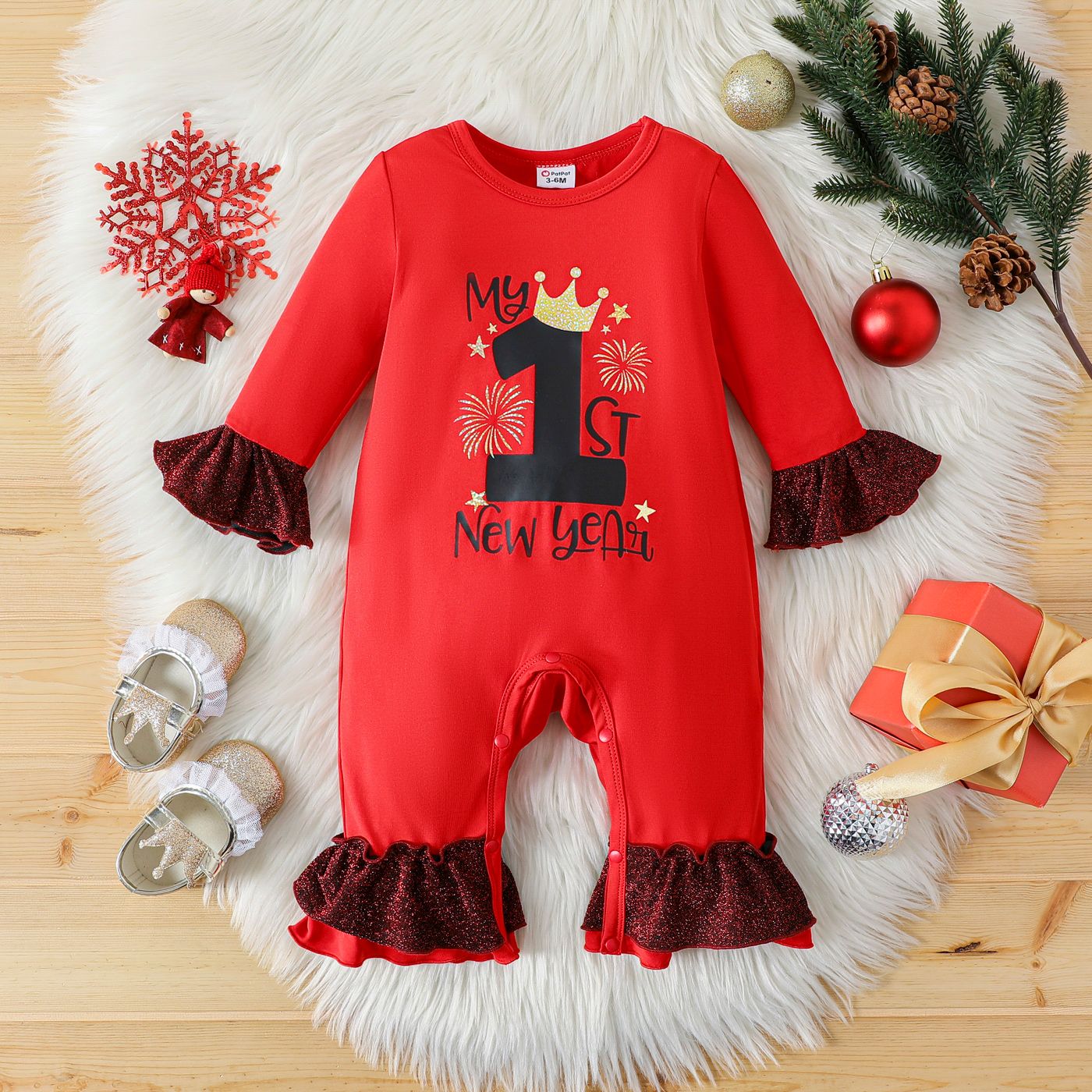 

New Year Baby Girl Letter Print Ruffle Trim Long-sleeve Jumpsuit