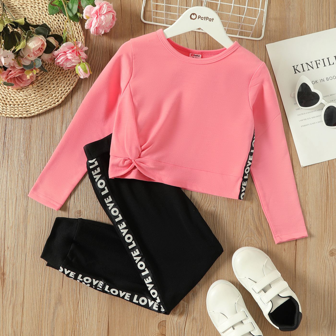 

2pcs Kid Girl Twist Knot Long-sleeve Tee and Letter Print Pants Set