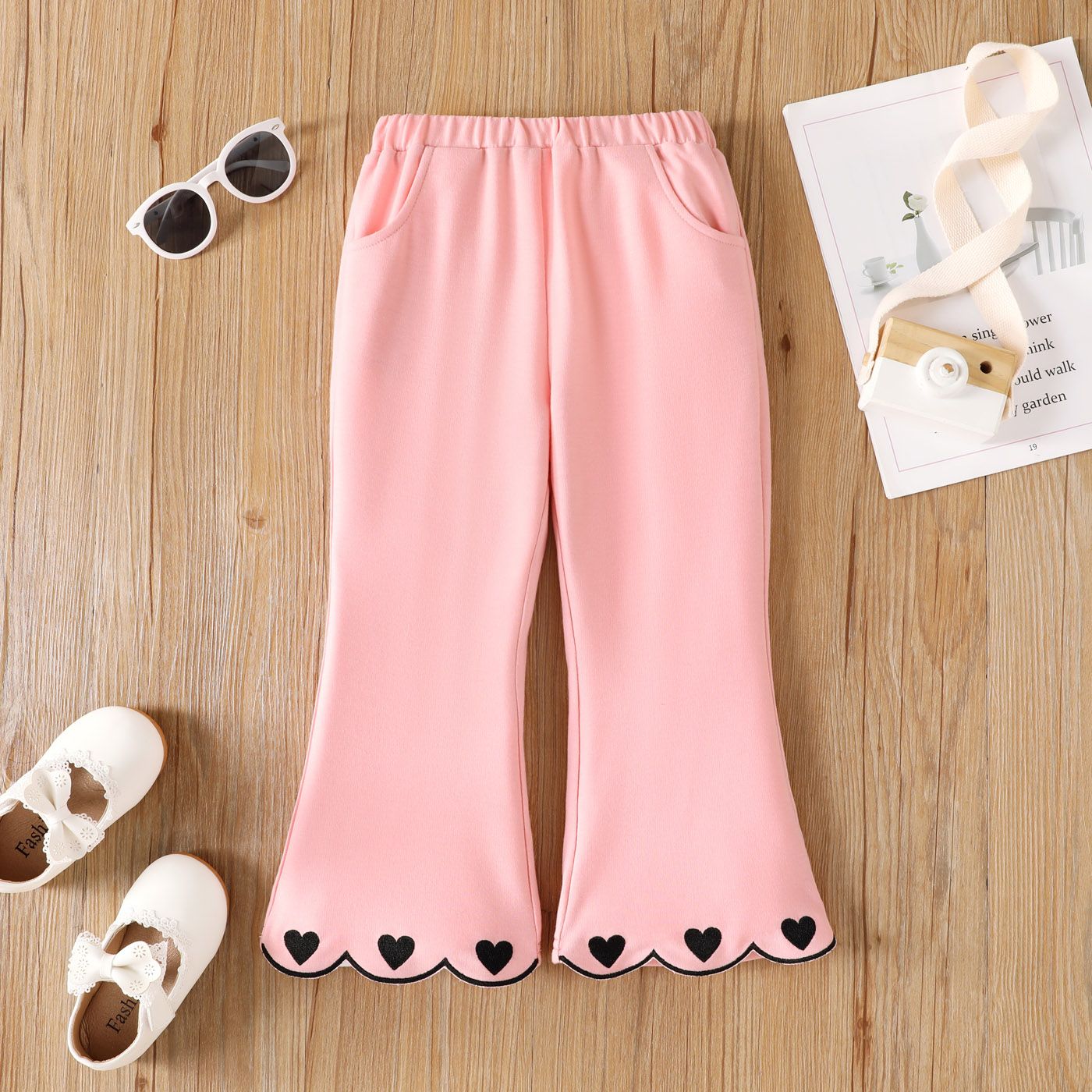 Toddler Girl Heart Embroidered Elasticized Flared Pants