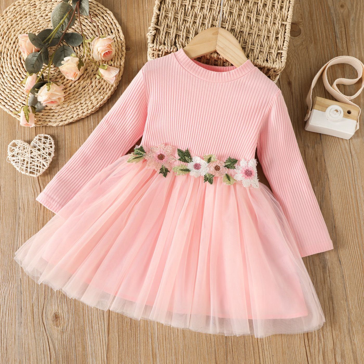 Toddler Girl Sweet 100% Cotton Floral Embroidered Mesh Design Pink Dress